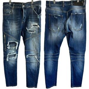 LA HAINE INSIDEUS BLUE JEANS DISTRESS MOTO WASH  JEANS STRETCH DESIGNER ITALY 48